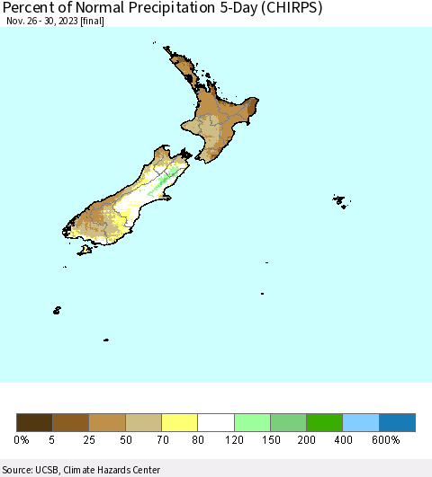 New Zealand Percent of Normal Precipitation 5-Day (CHIRPS) Thematic Map For 11/26/2023 - 11/30/2023