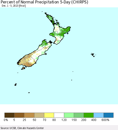 New Zealand Percent of Normal Precipitation 5-Day (CHIRPS) Thematic Map For 12/1/2023 - 12/5/2023