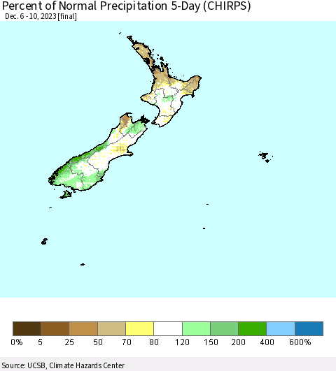 New Zealand Percent of Normal Precipitation 5-Day (CHIRPS) Thematic Map For 12/6/2023 - 12/10/2023