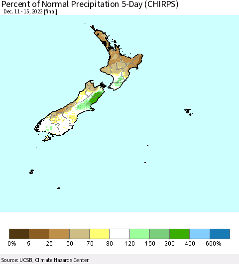 New Zealand Percent of Normal Precipitation 5-Day (CHIRPS) Thematic Map For 12/11/2023 - 12/15/2023