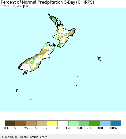 New Zealand Percent of Normal Precipitation 5-Day (CHIRPS) Thematic Map For 12/21/2023 - 12/25/2023