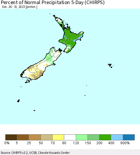 New Zealand Percent of Normal Precipitation 5-Day (CHIRPS) Thematic Map For 12/26/2023 - 12/31/2023