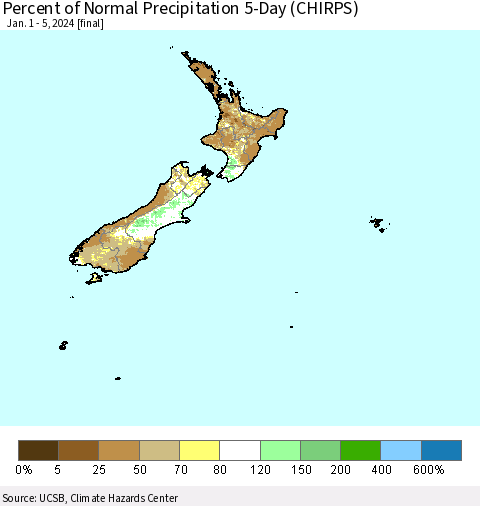 New Zealand Percent of Normal Precipitation 5-Day (CHIRPS) Thematic Map For 1/1/2024 - 1/5/2024
