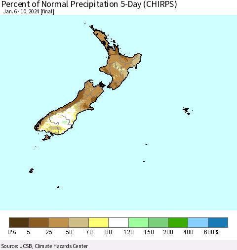 New Zealand Percent of Normal Precipitation 5-Day (CHIRPS) Thematic Map For 1/6/2024 - 1/10/2024