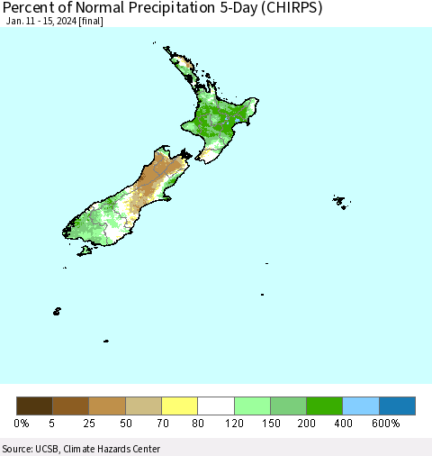 New Zealand Percent of Normal Precipitation 5-Day (CHIRPS) Thematic Map For 1/11/2024 - 1/15/2024