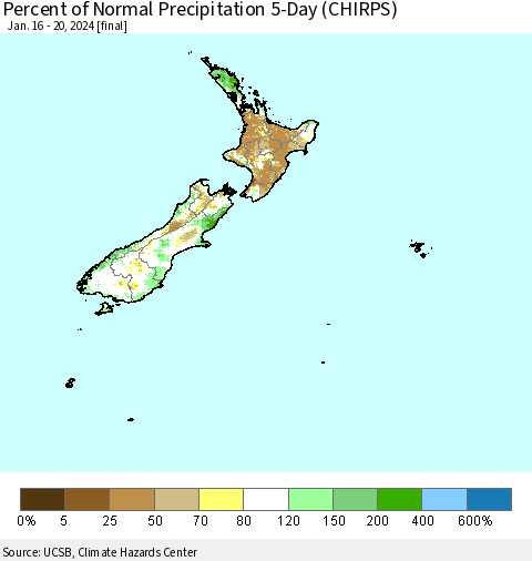 New Zealand Percent of Normal Precipitation 5-Day (CHIRPS) Thematic Map For 1/16/2024 - 1/20/2024