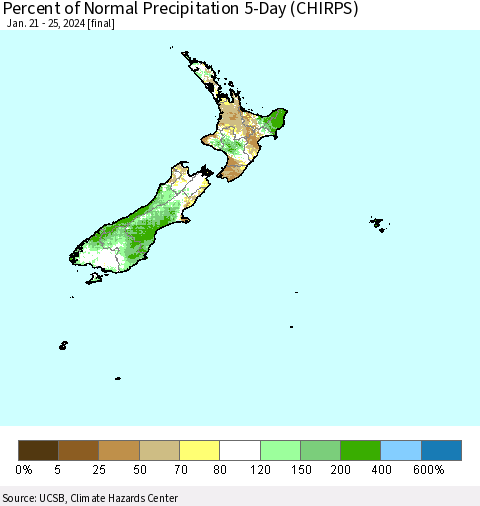 New Zealand Percent of Normal Precipitation 5-Day (CHIRPS) Thematic Map For 1/21/2024 - 1/25/2024