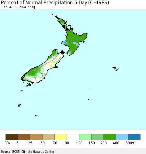 New Zealand Percent of Normal Precipitation 5-Day (CHIRPS) Thematic Map For 1/26/2024 - 1/31/2024