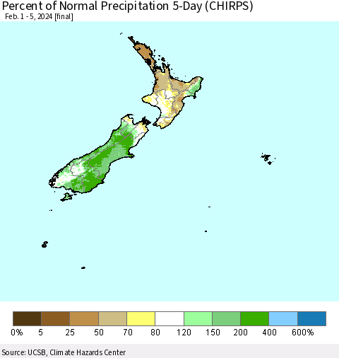 New Zealand Percent of Normal Precipitation 5-Day (CHIRPS) Thematic Map For 2/1/2024 - 2/5/2024
