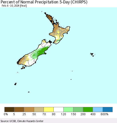 New Zealand Percent of Normal Precipitation 5-Day (CHIRPS) Thematic Map For 2/6/2024 - 2/10/2024