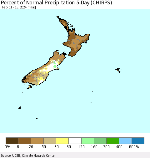 New Zealand Percent of Normal Precipitation 5-Day (CHIRPS) Thematic Map For 2/11/2024 - 2/15/2024