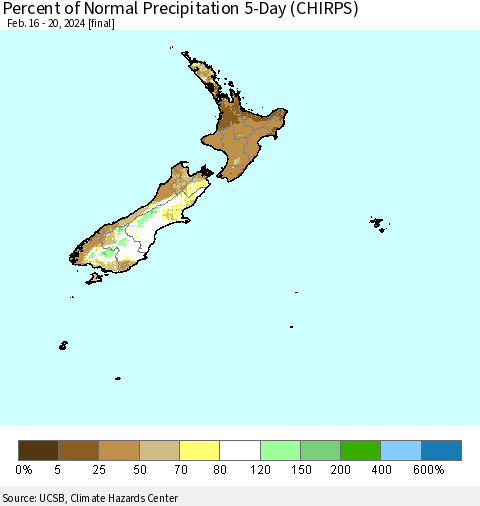 New Zealand Percent of Normal Precipitation 5-Day (CHIRPS) Thematic Map For 2/16/2024 - 2/20/2024