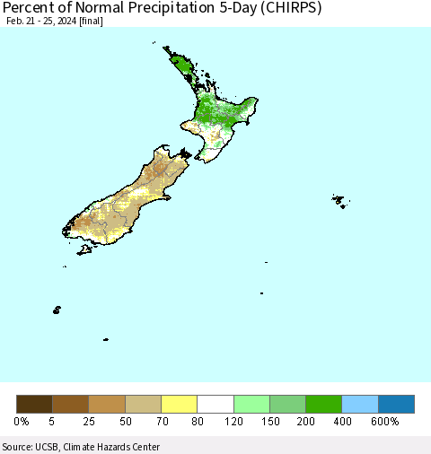 New Zealand Percent of Normal Precipitation 5-Day (CHIRPS) Thematic Map For 2/21/2024 - 2/25/2024