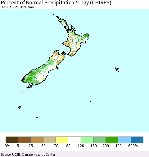 New Zealand Percent of Normal Precipitation 5-Day (CHIRPS) Thematic Map For 2/26/2024 - 2/29/2024