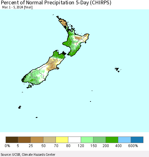 New Zealand Percent of Normal Precipitation 5-Day (CHIRPS) Thematic Map For 3/1/2024 - 3/5/2024