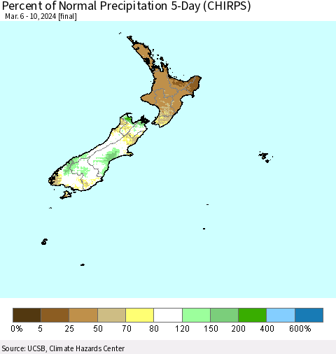 New Zealand Percent of Normal Precipitation 5-Day (CHIRPS) Thematic Map For 3/6/2024 - 3/10/2024