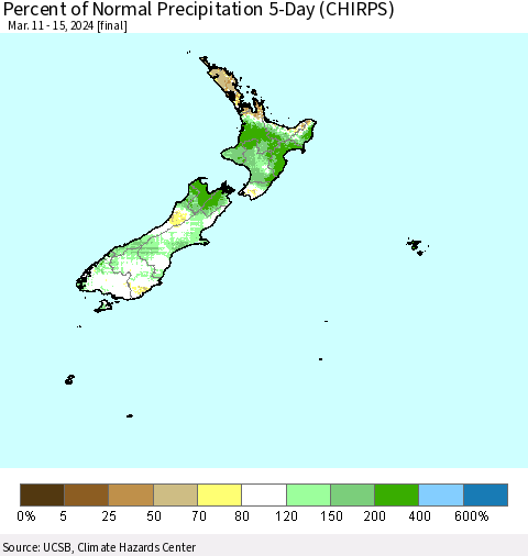 New Zealand Percent of Normal Precipitation 5-Day (CHIRPS) Thematic Map For 3/11/2024 - 3/15/2024