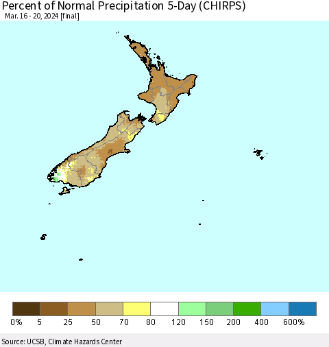 New Zealand Percent of Normal Precipitation 5-Day (CHIRPS) Thematic Map For 3/16/2024 - 3/20/2024