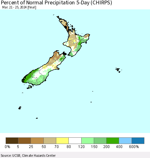 New Zealand Percent of Normal Precipitation 5-Day (CHIRPS) Thematic Map For 3/21/2024 - 3/25/2024