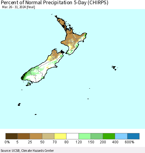 New Zealand Percent of Normal Precipitation 5-Day (CHIRPS) Thematic Map For 3/26/2024 - 3/31/2024