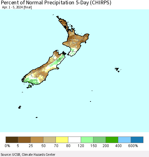 New Zealand Percent of Normal Precipitation 5-Day (CHIRPS) Thematic Map For 4/1/2024 - 4/5/2024