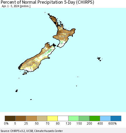 New Zealand Percent of Normal Precipitation 5-Day (CHIRPS) Thematic Map For 4/1/2024 - 4/5/2024