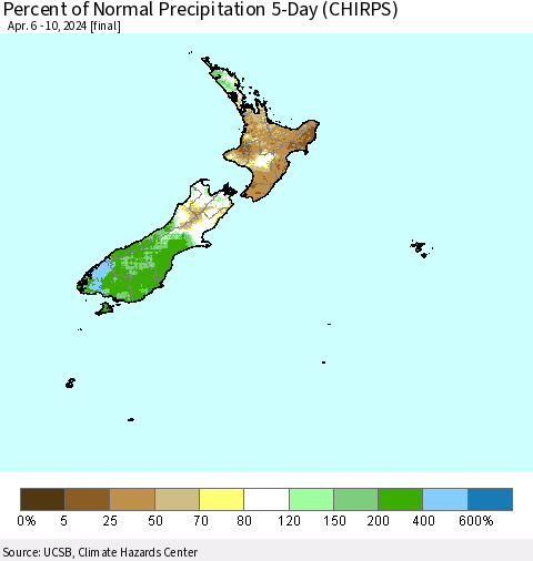 New Zealand Percent of Normal Precipitation 5-Day (CHIRPS) Thematic Map For 4/6/2024 - 4/10/2024