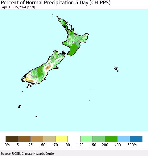 New Zealand Percent of Normal Precipitation 5-Day (CHIRPS) Thematic Map For 4/11/2024 - 4/15/2024
