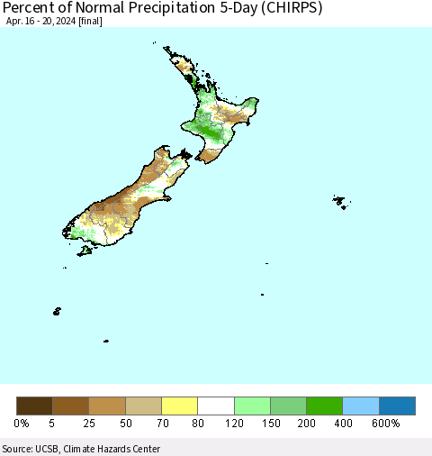 New Zealand Percent of Normal Precipitation 5-Day (CHIRPS) Thematic Map For 4/16/2024 - 4/20/2024