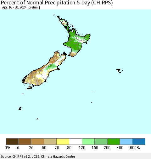 New Zealand Percent of Normal Precipitation 5-Day (CHIRPS) Thematic Map For 4/16/2024 - 4/20/2024