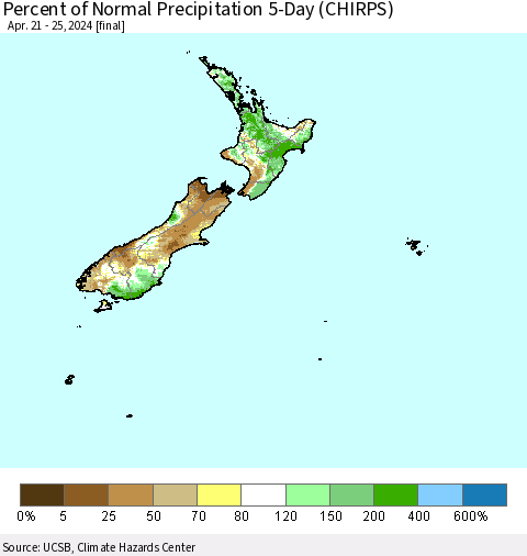 New Zealand Percent of Normal Precipitation 5-Day (CHIRPS) Thematic Map For 4/21/2024 - 4/25/2024