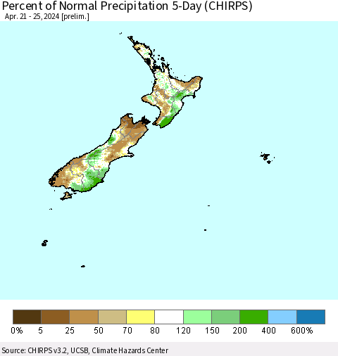 New Zealand Percent of Normal Precipitation 5-Day (CHIRPS) Thematic Map For 4/21/2024 - 4/25/2024
