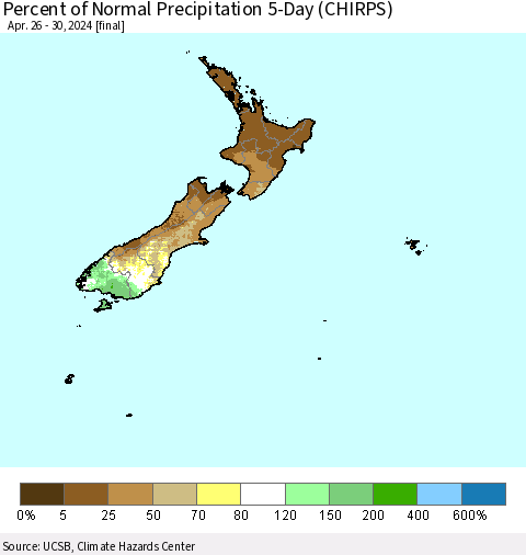 New Zealand Percent of Normal Precipitation 5-Day (CHIRPS) Thematic Map For 4/26/2024 - 4/30/2024