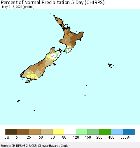 New Zealand Percent of Normal Precipitation 5-Day (CHIRPS) Thematic Map For 5/1/2024 - 5/5/2024