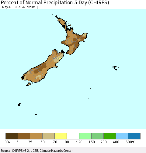 New Zealand Percent of Normal Precipitation 5-Day (CHIRPS) Thematic Map For 5/6/2024 - 5/10/2024
