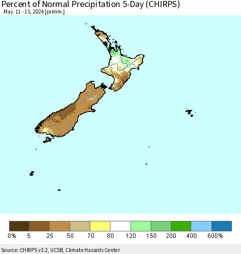 New Zealand Percent of Normal Precipitation 5-Day (CHIRPS) Thematic Map For 5/11/2024 - 5/15/2024
