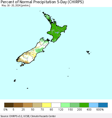 New Zealand Percent of Normal Precipitation 5-Day (CHIRPS) Thematic Map For 5/16/2024 - 5/20/2024