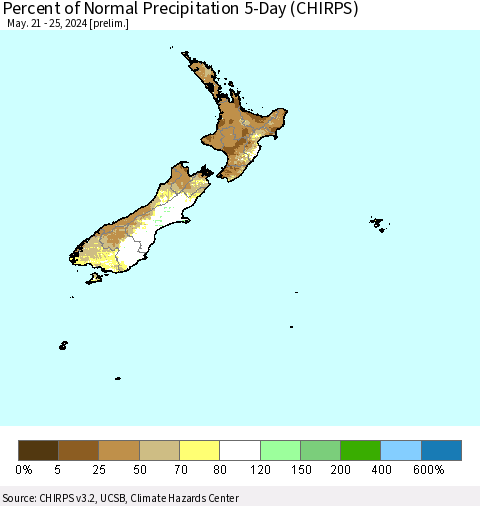 New Zealand Percent of Normal Precipitation 5-Day (CHIRPS) Thematic Map For 5/21/2024 - 5/25/2024