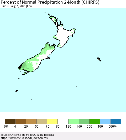 New Zealand Percent of Normal Precipitation 2-Month (CHIRPS) Thematic Map For 6/6/2021 - 8/5/2021