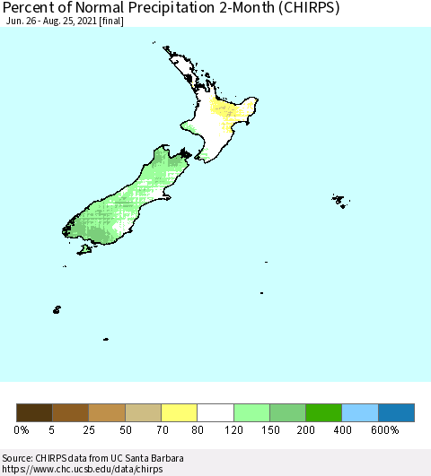New Zealand Percent of Normal Precipitation 2-Month (CHIRPS) Thematic Map For 6/26/2021 - 8/25/2021