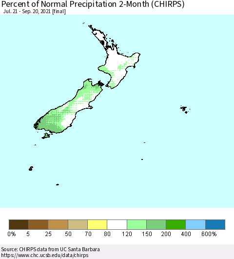 New Zealand Percent of Normal Precipitation 2-Month (CHIRPS) Thematic Map For 7/21/2021 - 9/20/2021