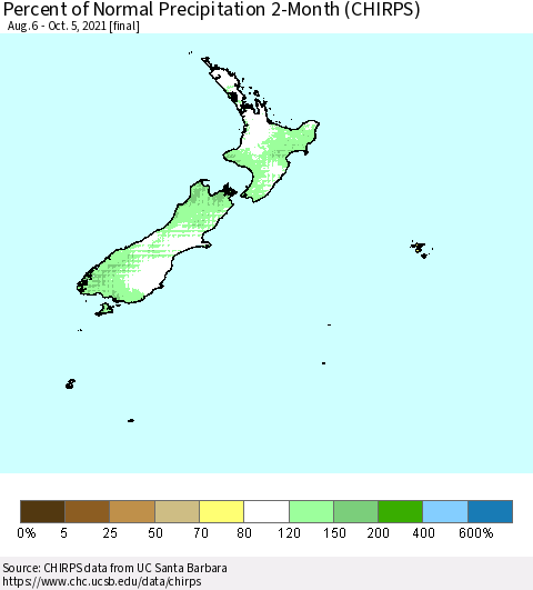 New Zealand Percent of Normal Precipitation 2-Month (CHIRPS) Thematic Map For 8/6/2021 - 10/5/2021
