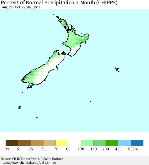 New Zealand Percent of Normal Precipitation 2-Month (CHIRPS) Thematic Map For 8/26/2021 - 10/25/2021