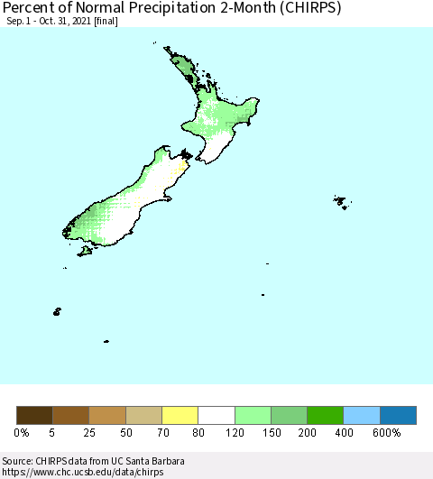 New Zealand Percent of Normal Precipitation 2-Month (CHIRPS) Thematic Map For 9/1/2021 - 10/31/2021