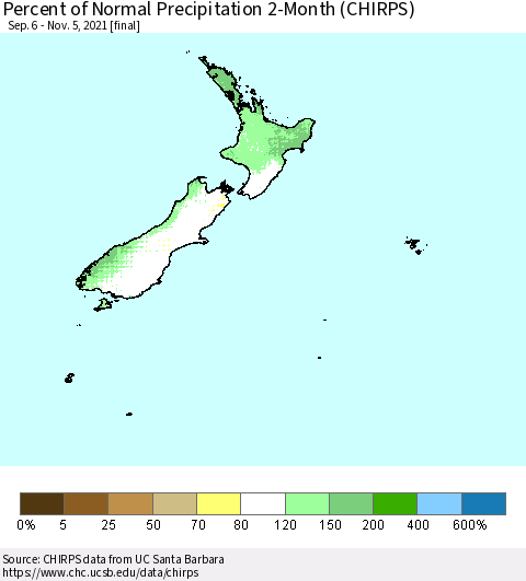 New Zealand Percent of Normal Precipitation 2-Month (CHIRPS) Thematic Map For 9/6/2021 - 11/5/2021