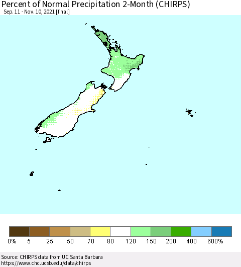 New Zealand Percent of Normal Precipitation 2-Month (CHIRPS) Thematic Map For 9/11/2021 - 11/10/2021