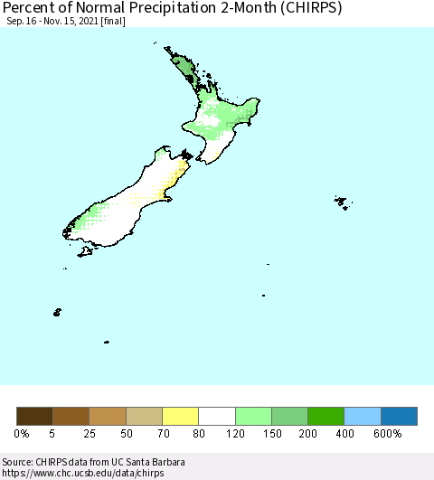 New Zealand Percent of Normal Precipitation 2-Month (CHIRPS) Thematic Map For 9/16/2021 - 11/15/2021