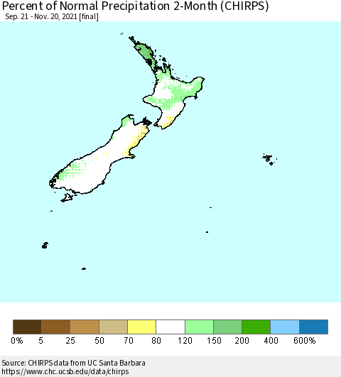 New Zealand Percent of Normal Precipitation 2-Month (CHIRPS) Thematic Map For 9/21/2021 - 11/20/2021