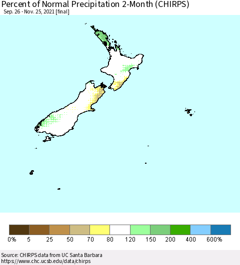 New Zealand Percent of Normal Precipitation 2-Month (CHIRPS) Thematic Map For 9/26/2021 - 11/25/2021