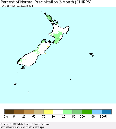 New Zealand Percent of Normal Precipitation 2-Month (CHIRPS) Thematic Map For 10/11/2021 - 12/10/2021